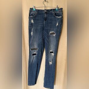 INC Denim Jeans, Women’s Size 14 Dark Wash, Straight Leg, Distressed Blue Jeans